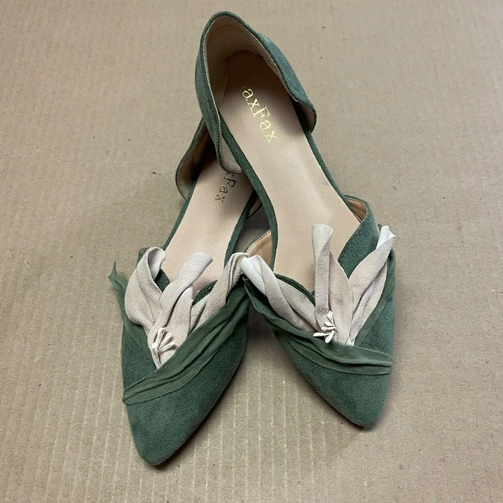 MaxFax Size 6 Green Eco-Suede D'Orsay Floral Petal Pointed Toe Flat Shoes NWOB - Picture 1 of 8
